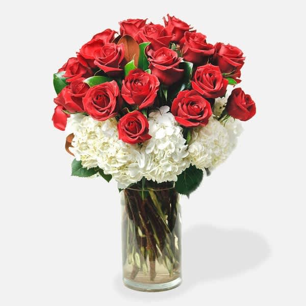 Red roses and white hydrangeas arranged in a clear glass vase