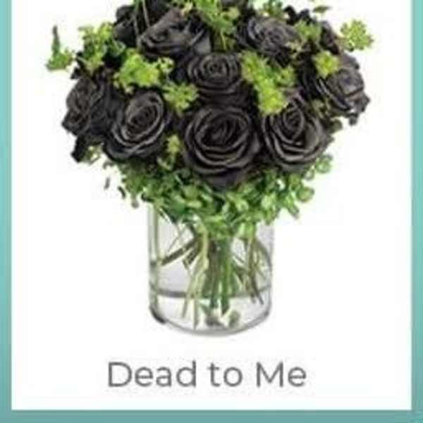 Black roses in a clear vase with green filler
