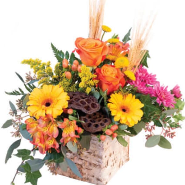 Orange and yellow floral arrangement in a birch container