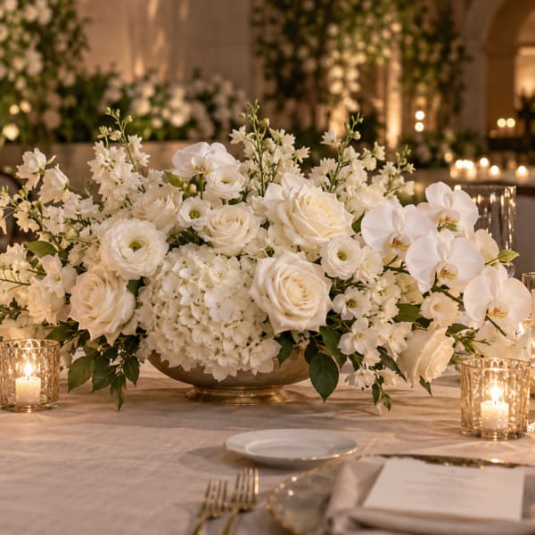 White floral centerpiece in a gold bowl with candles on a table