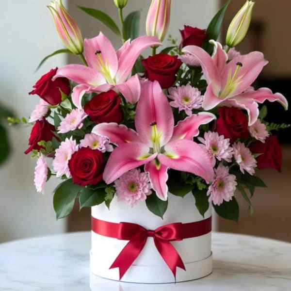 Pink lilies, red roses, and pale pink daisies in a white hatbox with a red ribbon