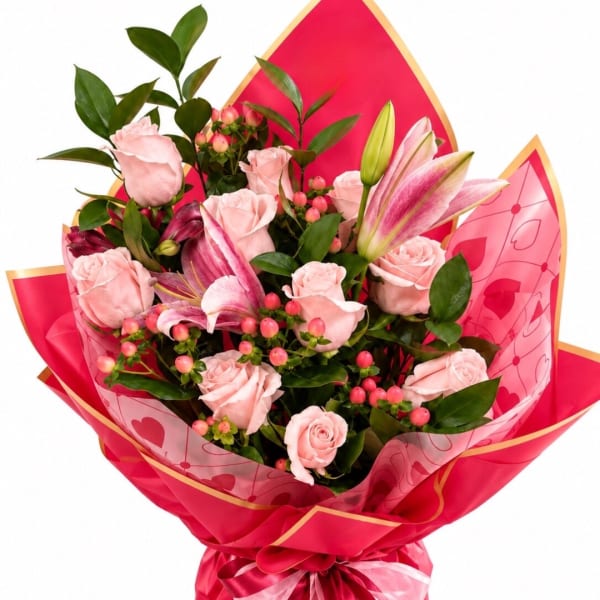 Pink roses and lilies wrapped in bright red paper with a ribbon