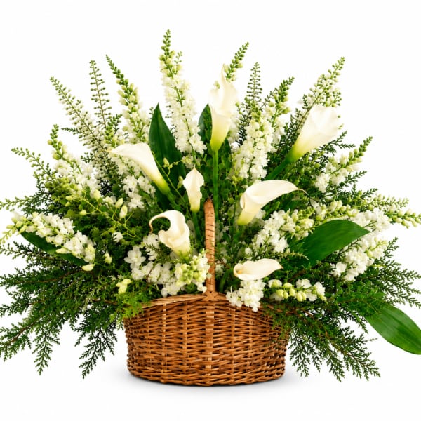 White calla lilies and mixed white flowers in a wicker basket