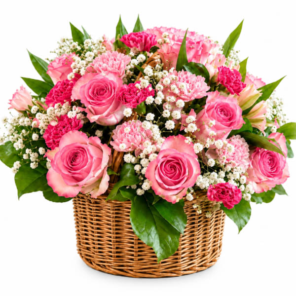 Pink roses and carnations in a wicker basket with baby's breath