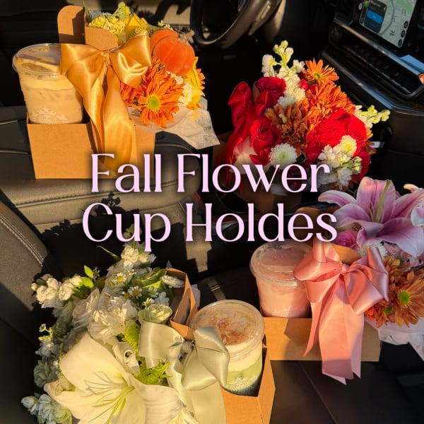 Fall flower cup holders with bouquets and iced drinks in a car