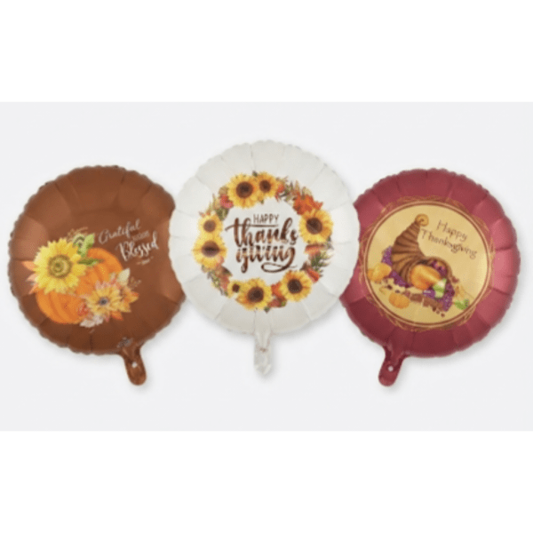 Three round Thanksgiving foil balloons with autumn designs