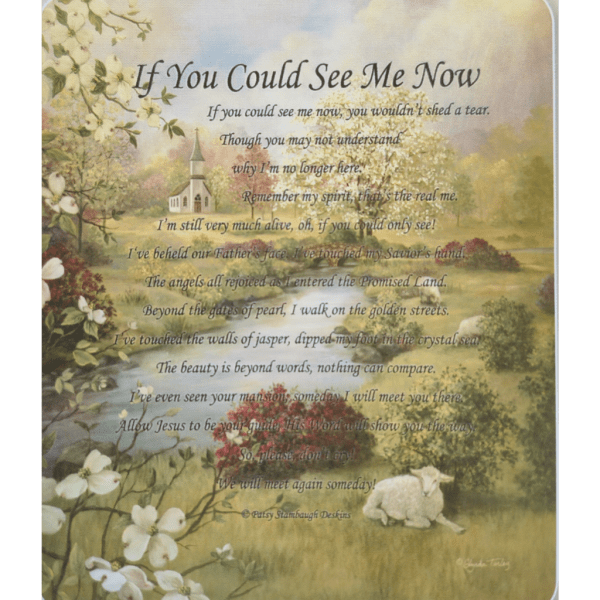 Sympathy poem print with a pastoral landscape and white blossoms