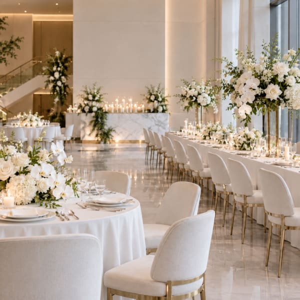 White floral centerpieces on long wedding reception tables in a bright ballroom