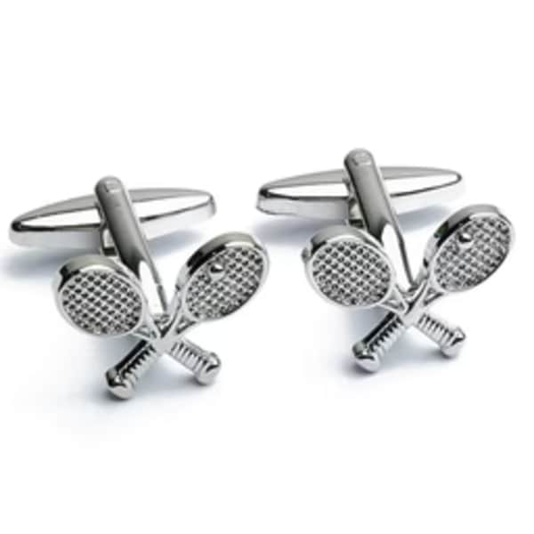 Pair of silver tennis racket cufflinks on a white background