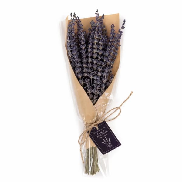 Bundle of dried lavender wrapped in brown paper and tied with twine