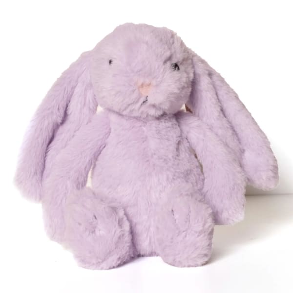 Lavender plush bunny with floppy ears on a white background