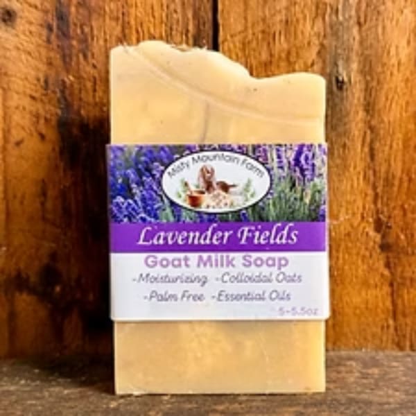 Bar of lavender fields goat milk soap with a purple label