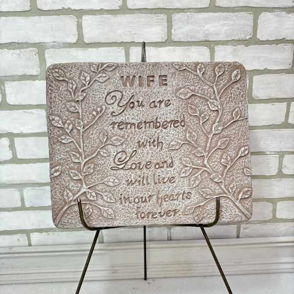 Decorative memorial plaque on a metal stand with the words "WIFE" and a remembrance message