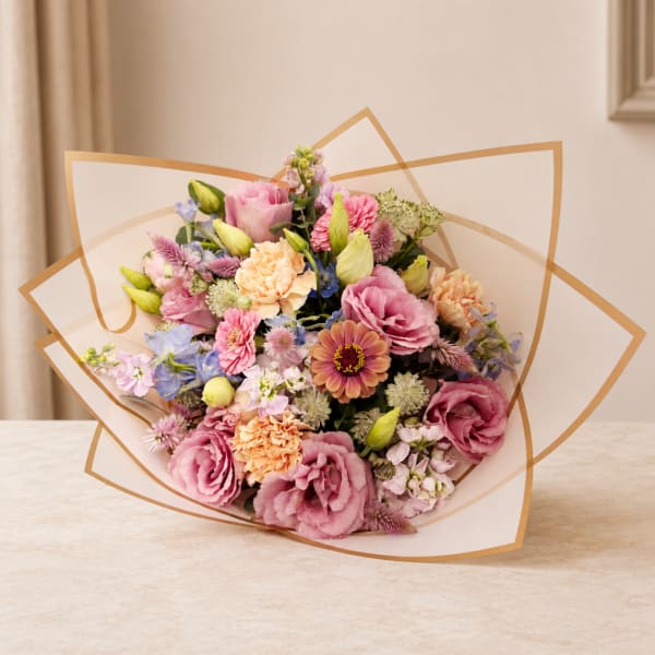 Mixed pastel bouquet wrapped in clear paper with gold trim