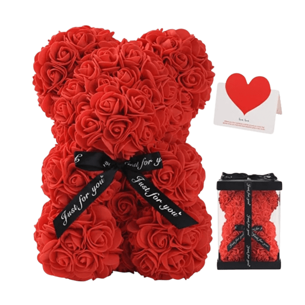 Red rose teddy bear with a black ribbon and gift card