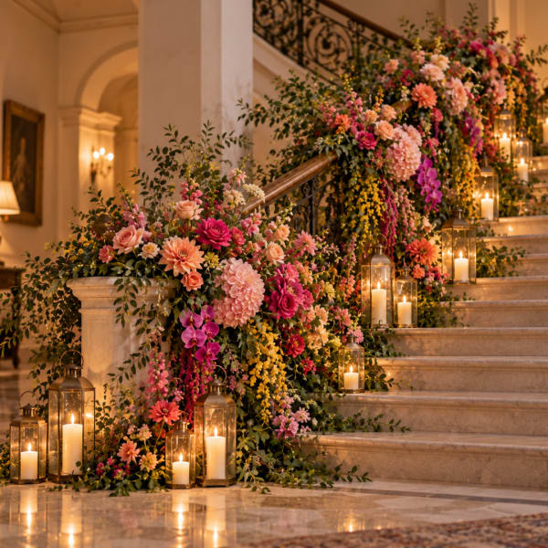 Large floral staircase installation with candles and lanterns