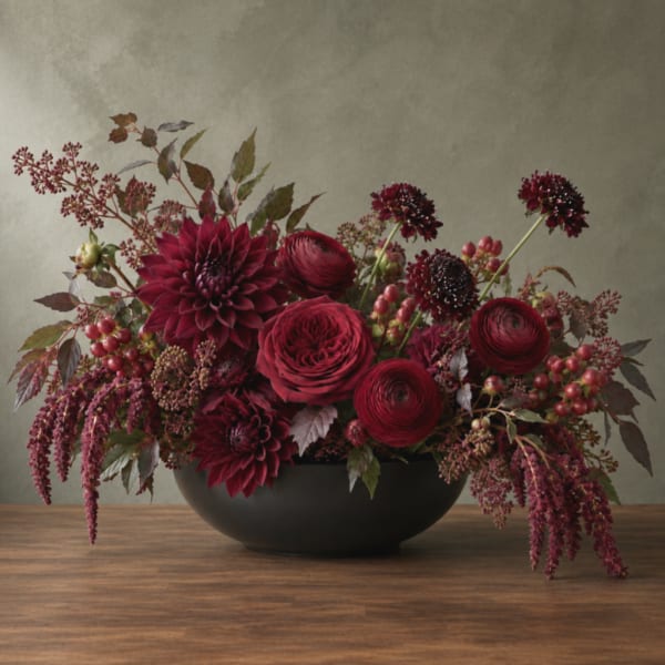 Deep burgundy floral arrangement in a black bowl vase