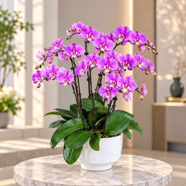 Purple orchids in a white pot on a round table