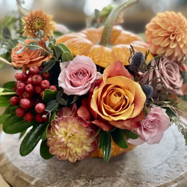 Autumn floral arrangement with roses and dahlias around a small pumpkin