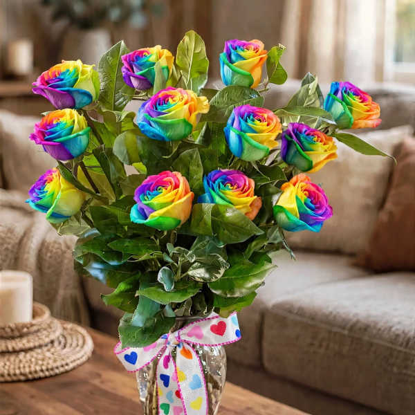 Rainbow-colored roses in a glass vase with a heart-patterned ribbon