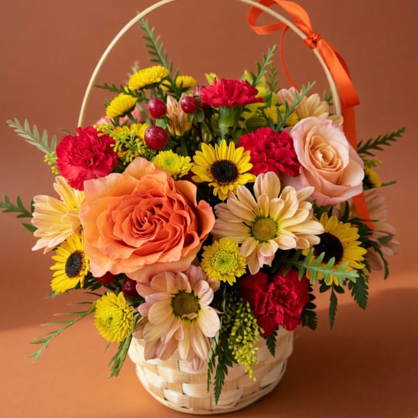 Mixed bouquet of roses, daisies, and carnations in a woven basket with a ribbon handle
