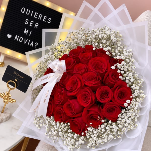 Bouquet of red roses with white baby's breath in white wrap