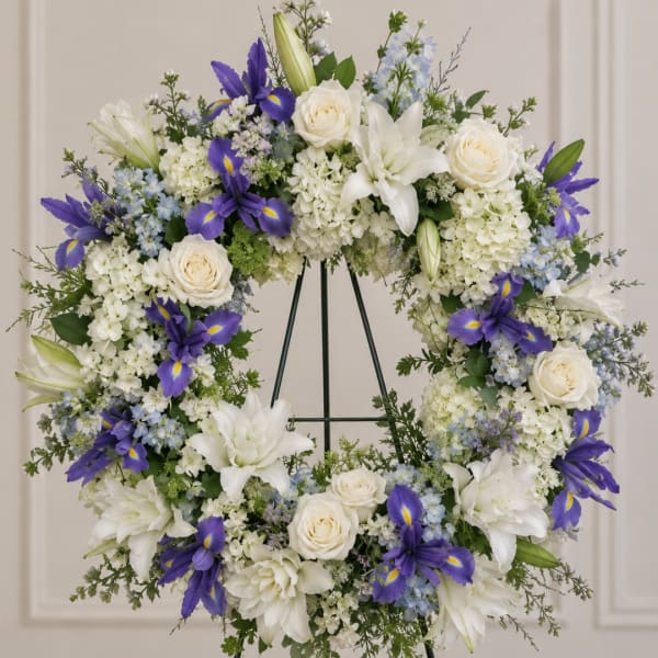 White and purple floral wreath with roses, lilies, and irises on a stand