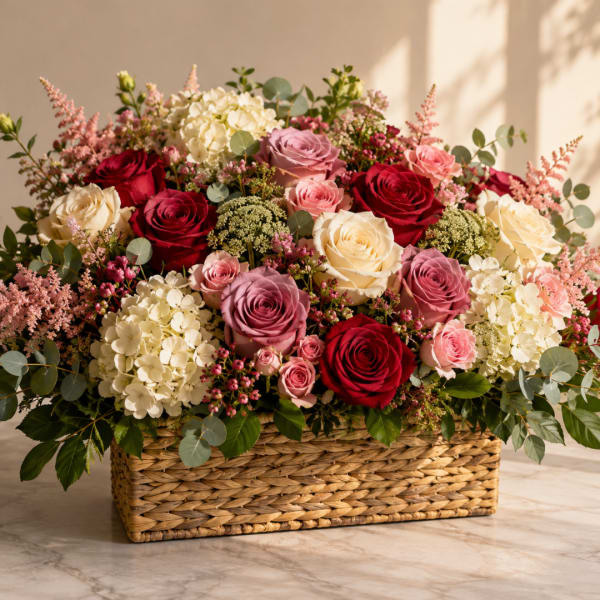 Mixed roses and hydrangeas arranged in a woven basket