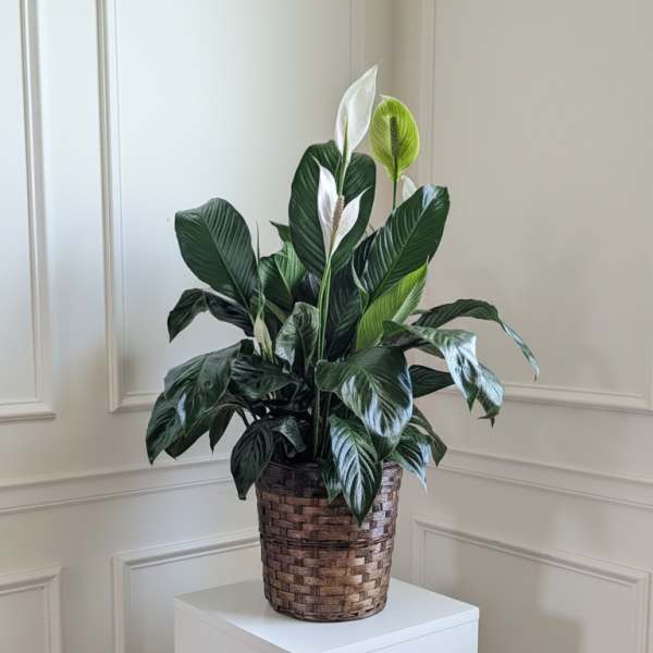 Potted peace lily in a woven basket planter on a white pedestal