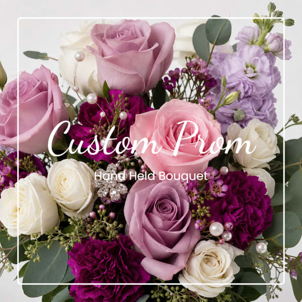 Handheld bouquet of pink, lavender, and white roses with purple accents