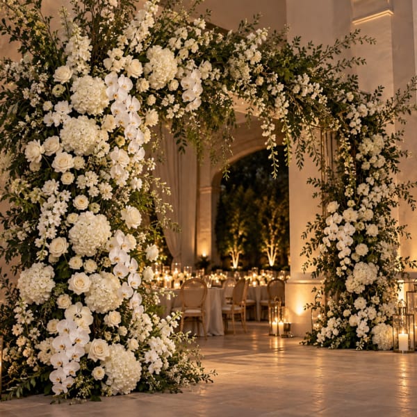 White floral arch with roses, hydrangeas, and orchids in a warm indoor venue