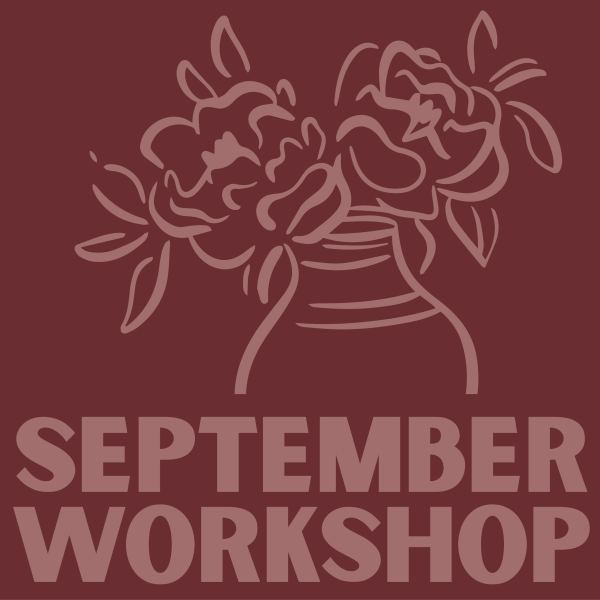Maroon workshop graphic with a line drawing of flowers in a vase and large text