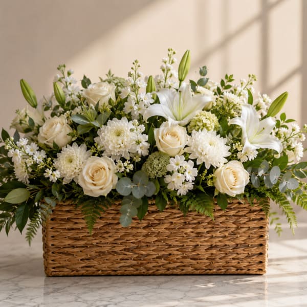 White roses and lilies arranged in a woven basket