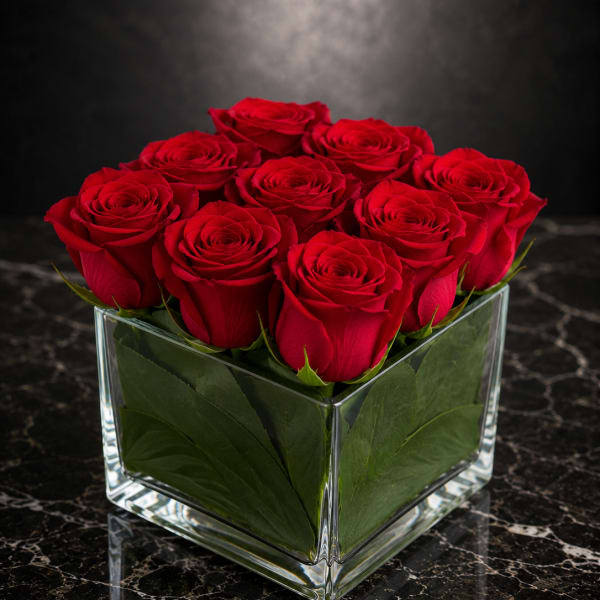 Red roses arranged in a clear square glass vase