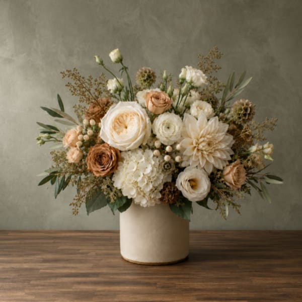 Cream and peach floral arrangement in a beige vase