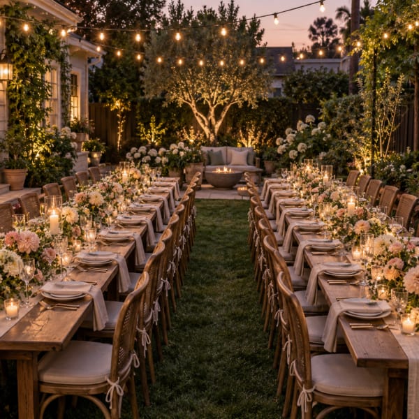 Outdoor dinner tables with floral centerpieces and candles under string lights