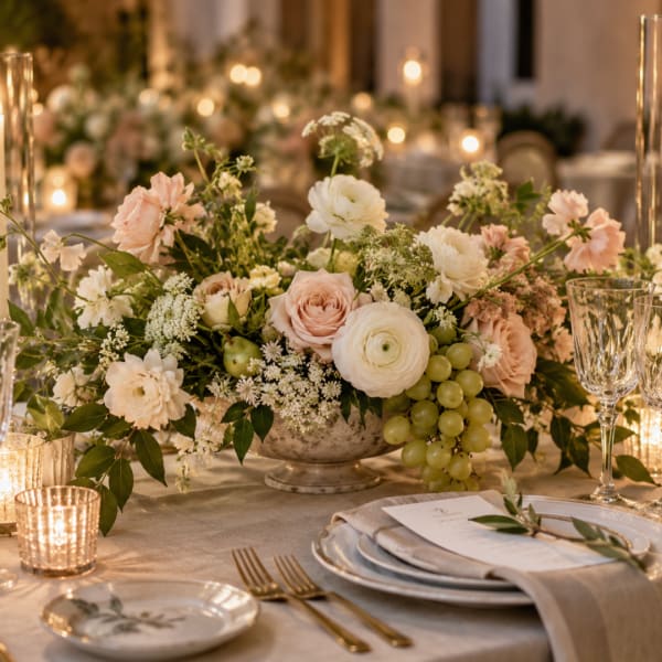 Low floral centerpiece with blush and white blooms in a silver bowl on a candlelit table