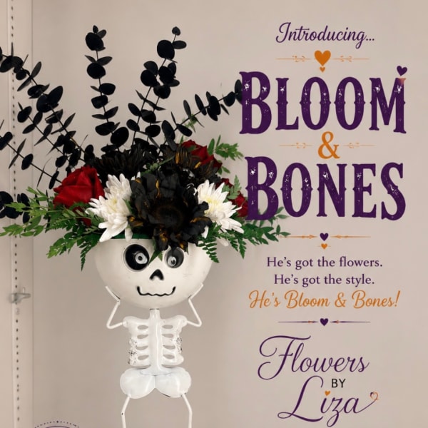Skeleton figure with a floral arrangement in its head