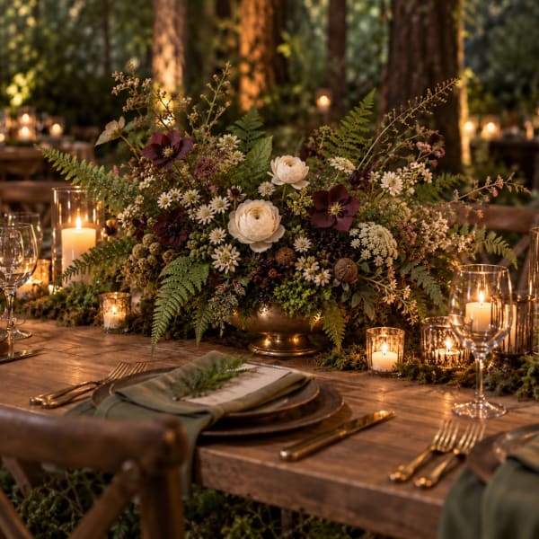 Low floral centerpiece with white and burgundy blooms on a candlelit table