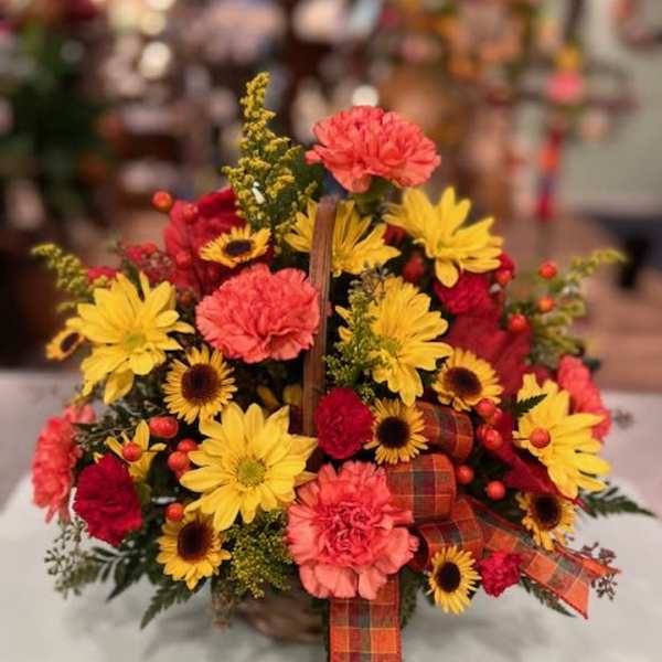 Basket arrangement of yellow daisies, red blooms, and pink carnations with plaid ribbon