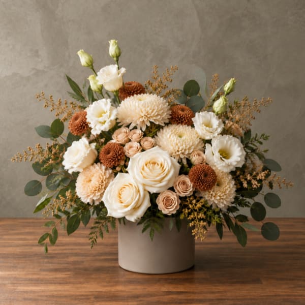 Cream and peach floral arrangement in a round vase