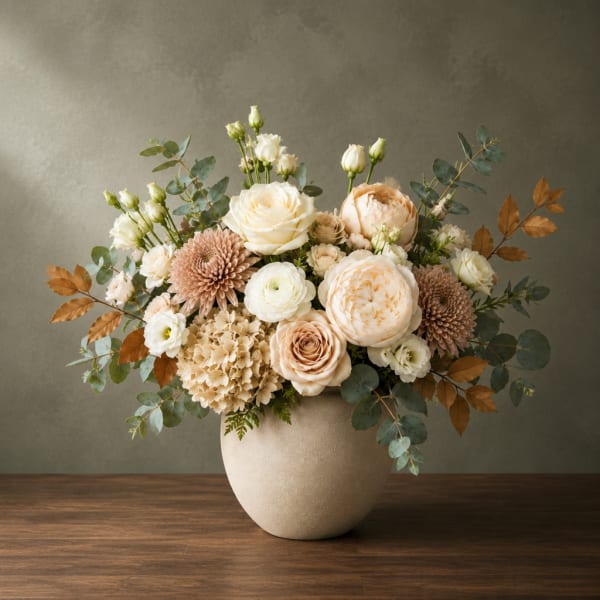 Cream and blush floral arrangement in a round beige vase