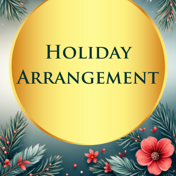 Holiday arrangement graphic with coral flowers and pine branches around a gold circle