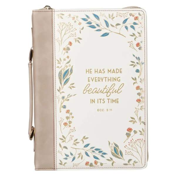 Floral-patterned zippered Bible cover with the text "He has made everything beautiful in its time"