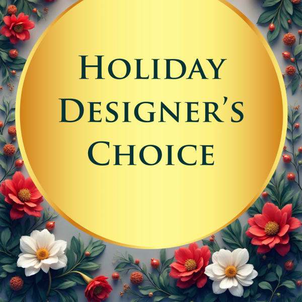 Holiday designer's choice graphic with red and white flowers around a yellow circle