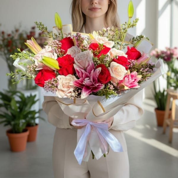 Woman holding a large bouquet of red, pink, and white flowers