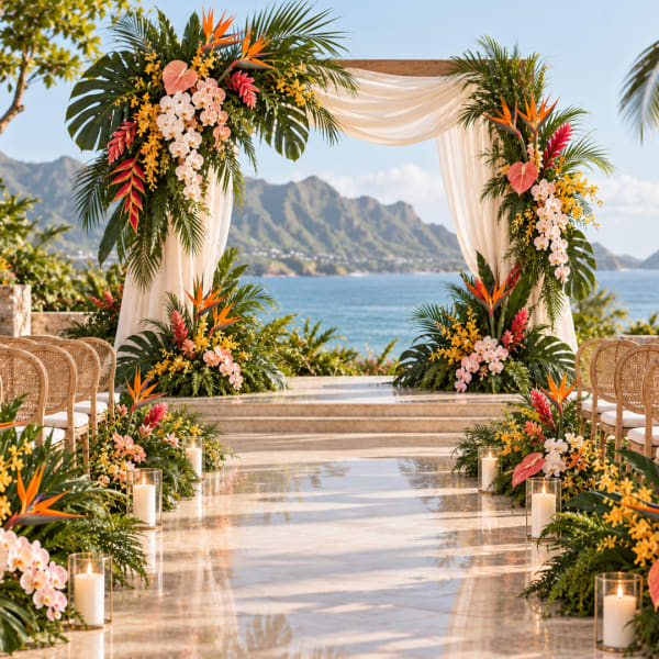 Tropical wedding arch with white draping and floral arrangements by the aisle