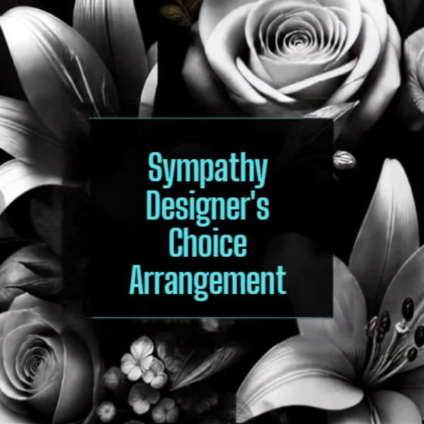 Black-and-white floral arrangement with roses and lilies and a sympathy message