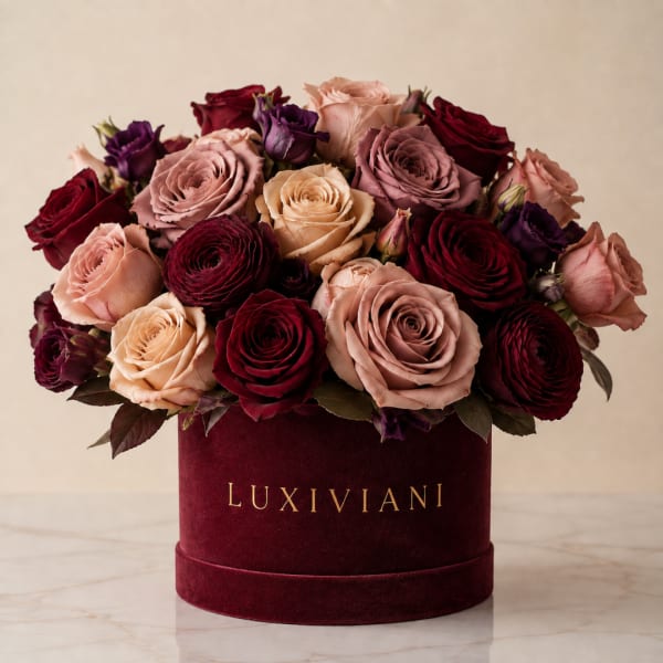 Bouquet of roses in a burgundy velvet box