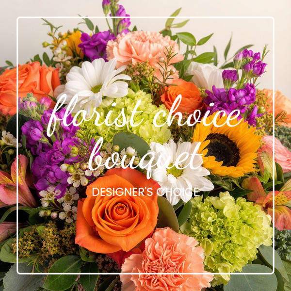 Colorful mixed bouquet with orange roses, white daisies, and purple flowers